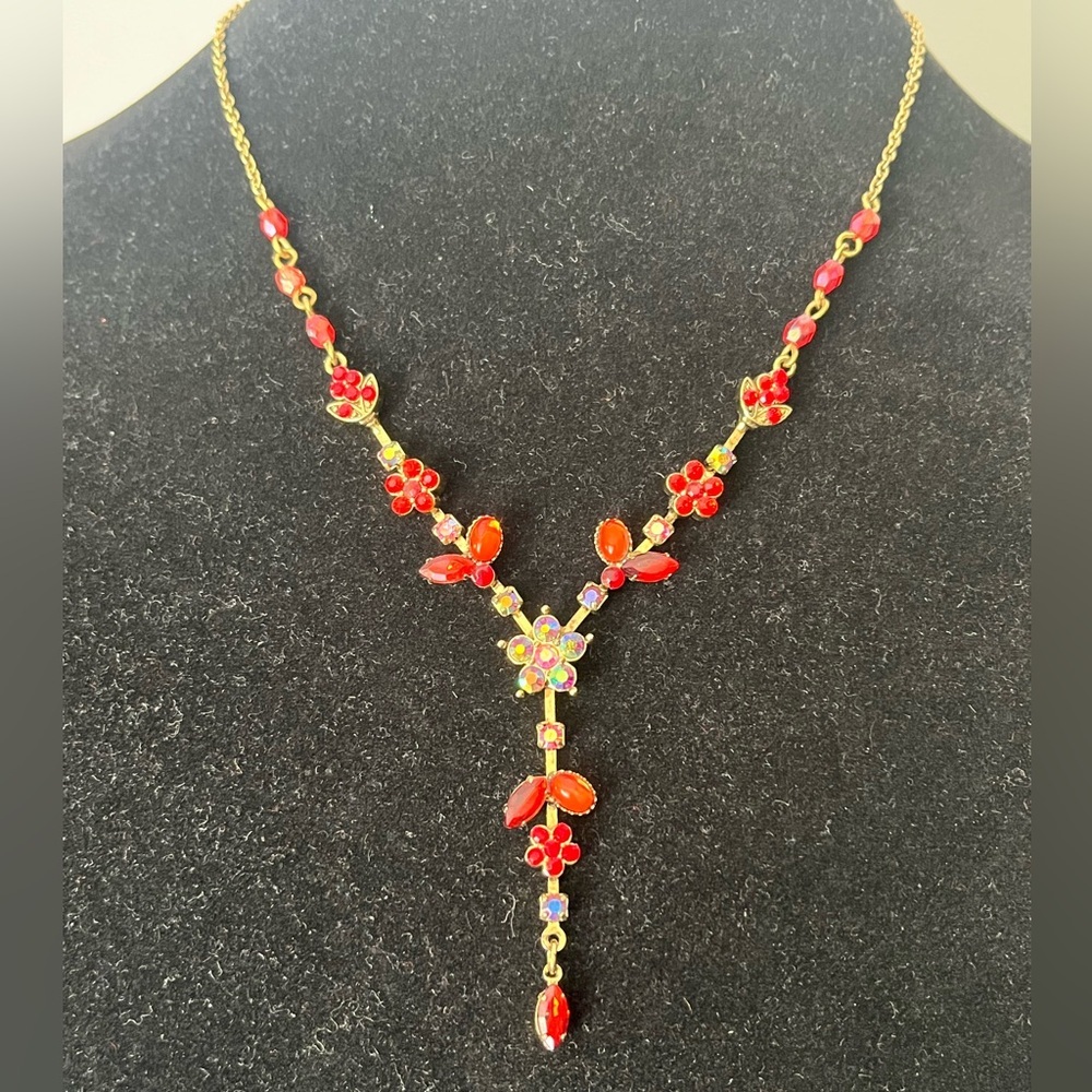 90s Vintage Avon Red Rhinestone Aurora Borealis Y Necklace Gold Floral Drop